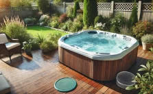 A clean hot tub with clear water surrounded by a well-maintained garden with flowers and bushes. A small net and a cover are nearby, indicating regular maintenance. The scene is peaceful and inviting with a clear sky.