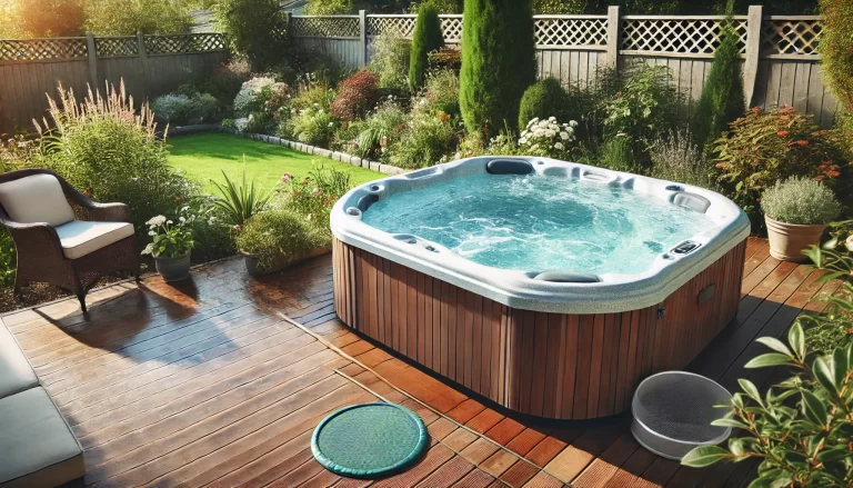 A clean hot tub with clear water surrounded by a well-maintained garden with flowers and bushes. A small net and a cover are nearby, indicating regular maintenance. The scene is peaceful and inviting with a clear sky.