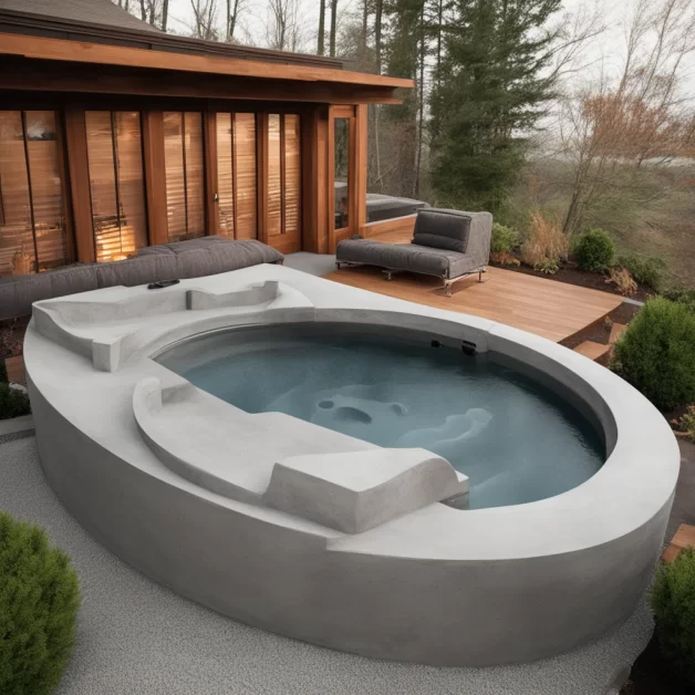 A concrete hot tub with a wooden deck and a view of the woods in the background.