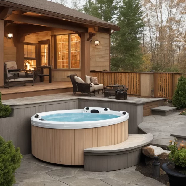 A fiber glass Traditional Hot Tub on a patio with a wooden deck and a fire pit in the background.