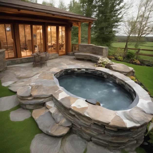 A stone hot tub in a backyard with a wooden patio and greenery in the background.