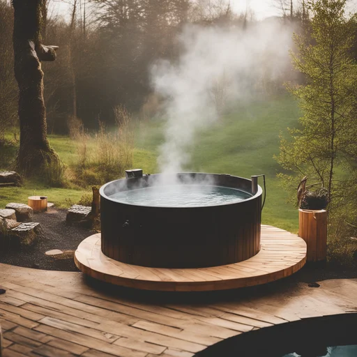 A wood fire traditional hot tub in a forest setting.