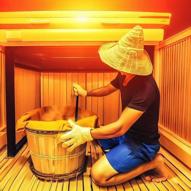 A man wearing a black shirt and jeans is cleaning an infrared sauna with a cloth.