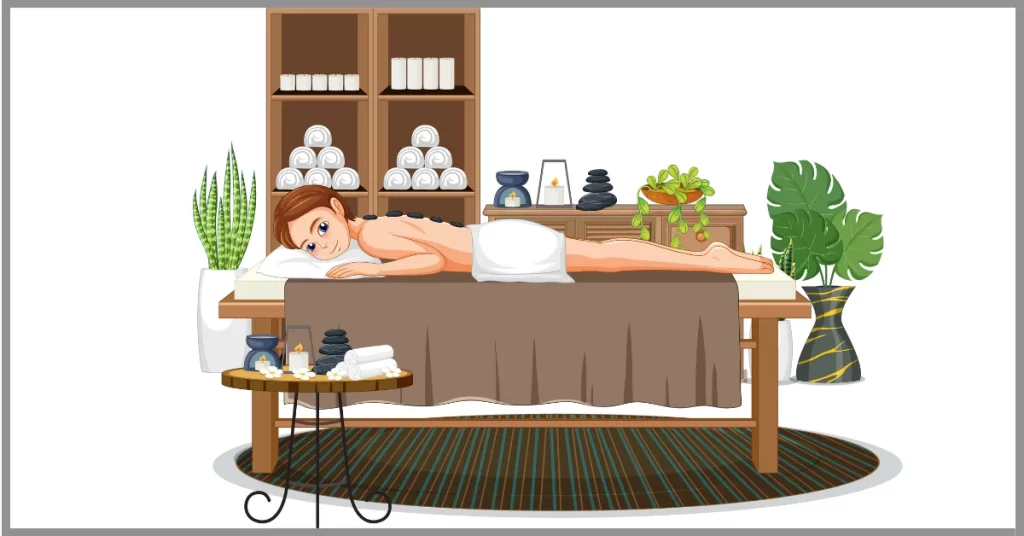 Illustration of a woman receiving a Hot Stone Massage in a parlor.