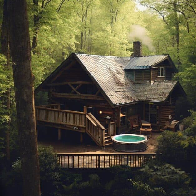 A cozy cabin in Tennessee nestled among lush trees, featuring a hot tub on the deck. (Cabins in Tennessee with Hot Tubs)