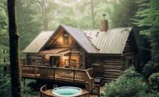 A cabin in Tennessee surrounded by trees with a hot tub on the deck.