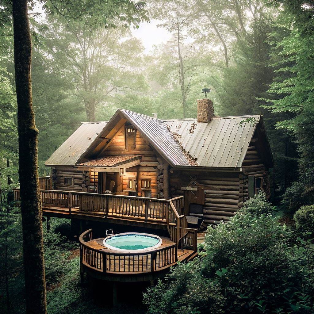 A cabin in Tennessee surrounded by trees with a hot tub on the deck.