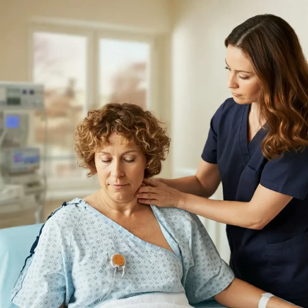 A middle-aged woman with short, curly hair, wearing a hospital gown, receiving a gentle massage by a female therapist with long, flowing hair in a hospital room.