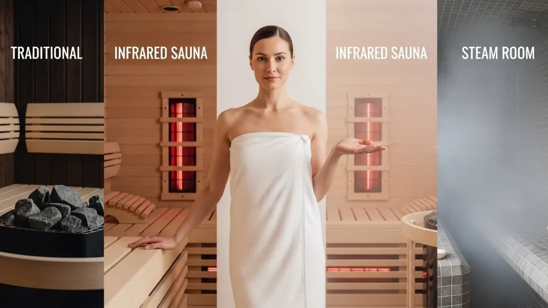 Which Sauna is Right for Me? 2 A full-length portrait of a woman standing beside different sauna types, shown in a clean vertical layout with a clear background, representing the question of which sauna is right for her.