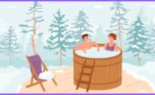 An illustration of a couple relaxing in a wooden hot tub surrounded by snow and trees.