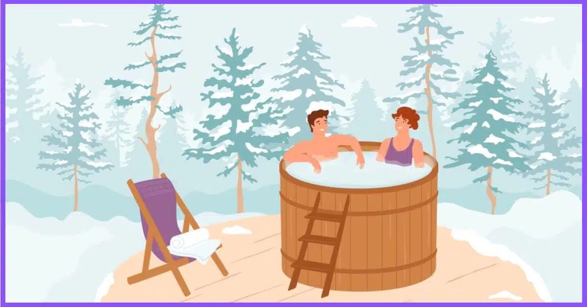 An illustration of a couple relaxing in a wooden hot tub surrounded by snow and trees.