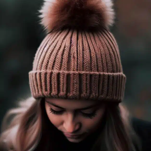 A woman wearing a light brown knit beanie with a dark brown pom pom on top in a forest or park setting.