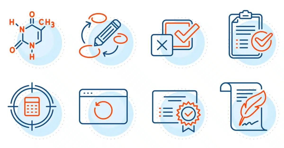 A set of icons related to chemistry, design, organization, and documentation.