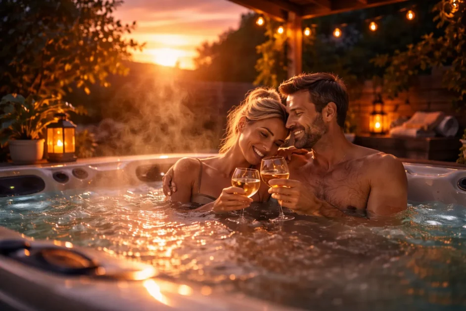 What Does a Hot Tub Experience Feel Like? A Beginner’s Guide 3 A couple relaxing in a backyard hot tub during sunset with steam rising from warm water.