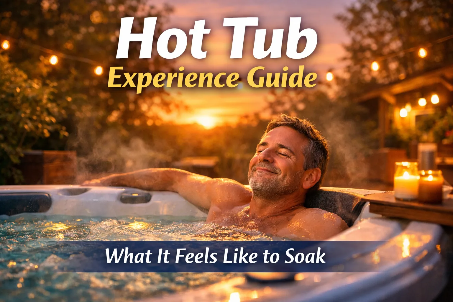 What Does a Hot Tub Experience Feel Like? A Beginner’s Guide 1 Man relaxing in a backyard hot tub at sunset with text overlay “Hot Tub Experience Guide”.