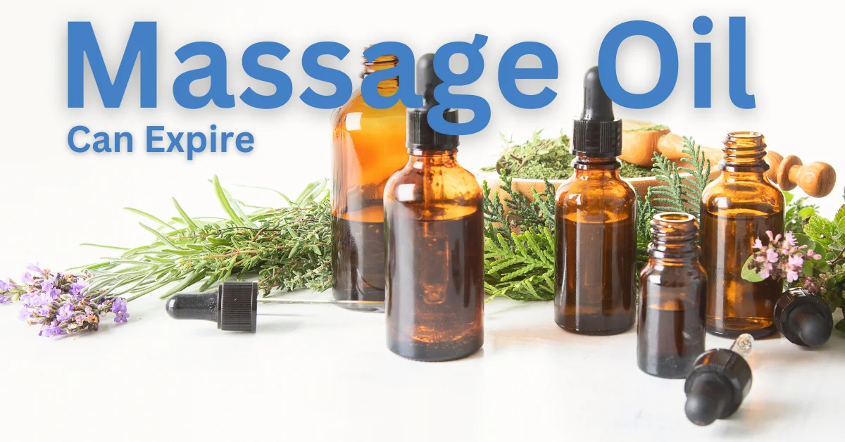 An image of various types of massage oil bottles and droppers on a white background with the text “Massage Oil Can Expire” written in blue on the top left corner.