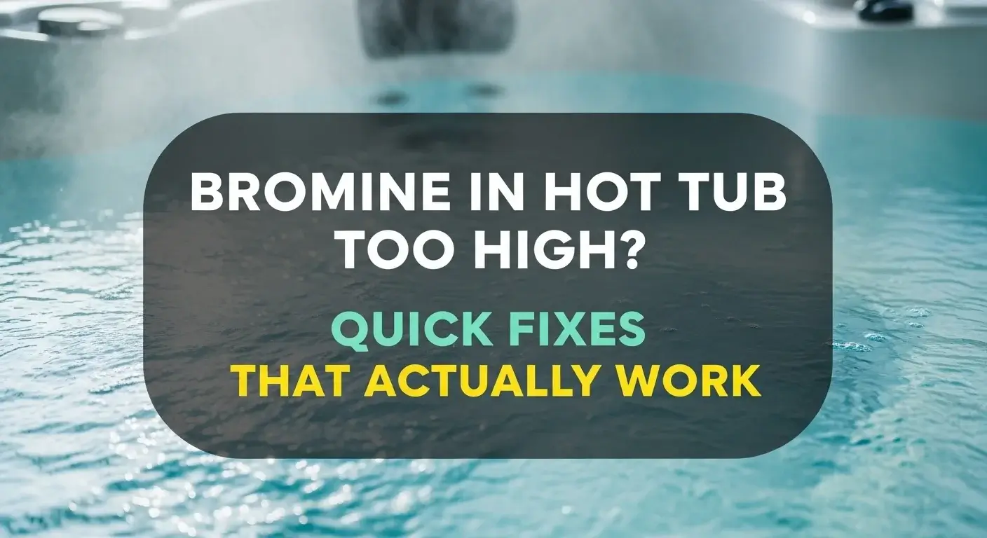 Thumbnail image with text Bromine in Hot Tub Too High? Quick Fixes That Actually Work, showing a hot tub with cloudy water and steam.