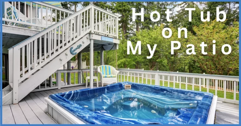 A hot tub placed in a home backyard with text info.