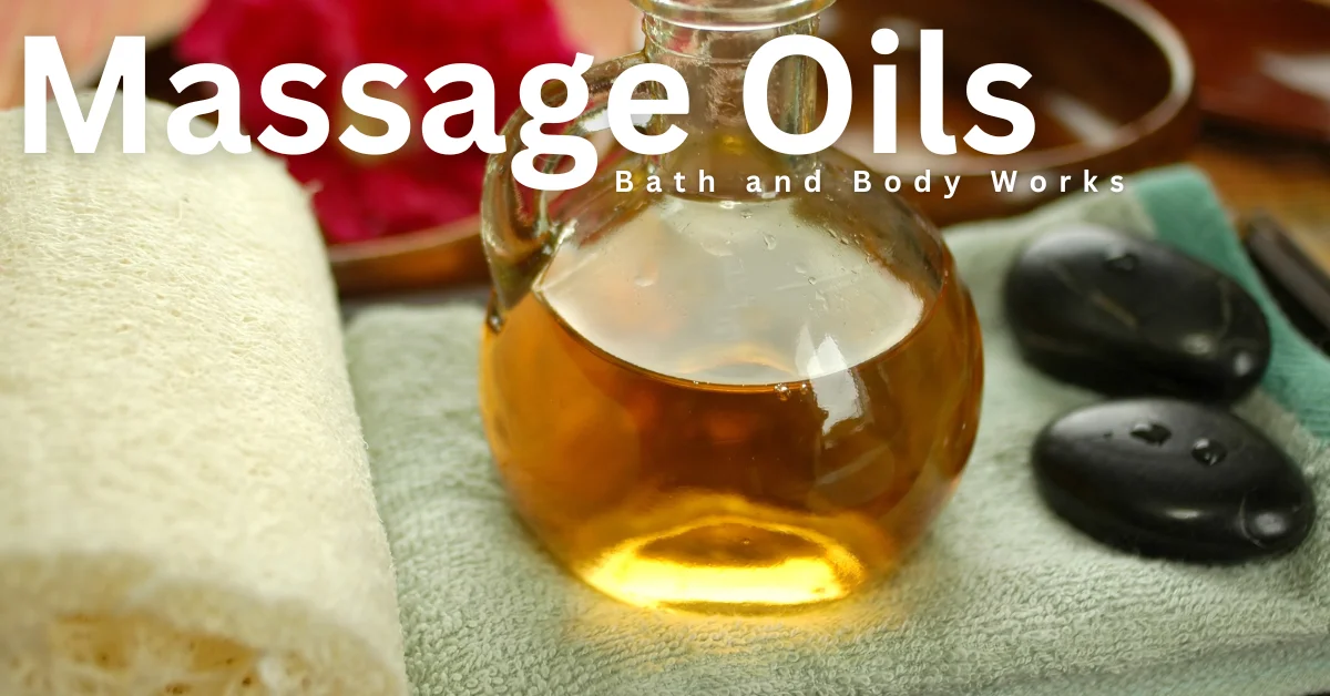 A glass bottle of massage oil and spa accessories on a wooden surface.