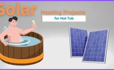 A man relaxing in a hot tub with a glass of champagne powered by a solar panel.