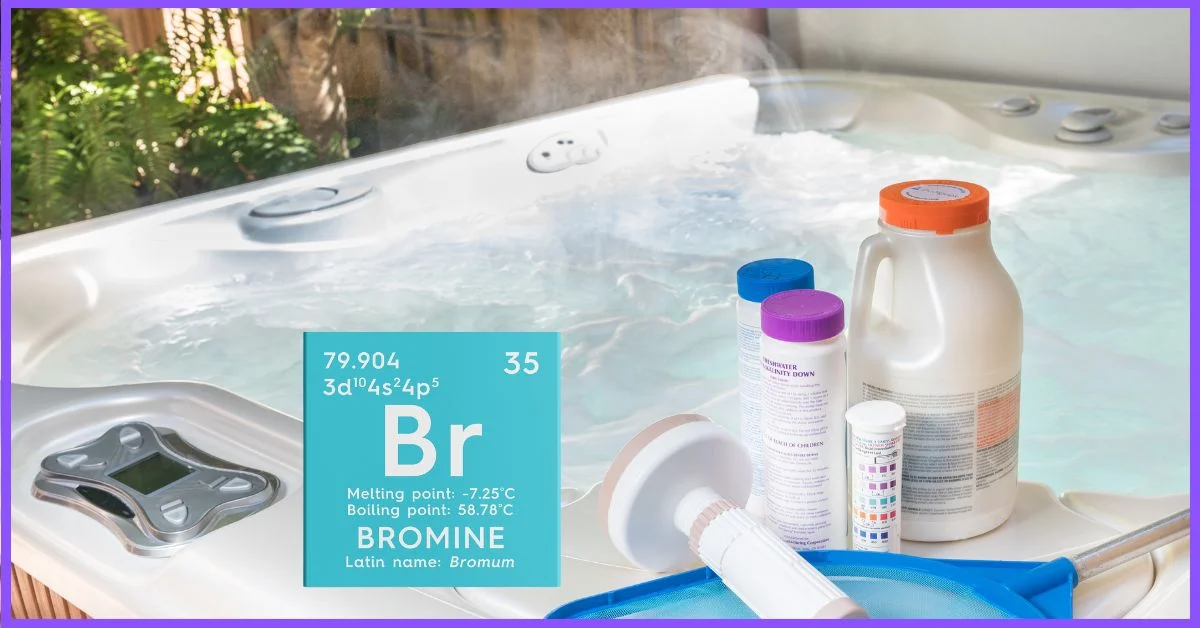 A hot tub with cleaning supplies on the right side, and a periodic table element card for Bromine on the left side