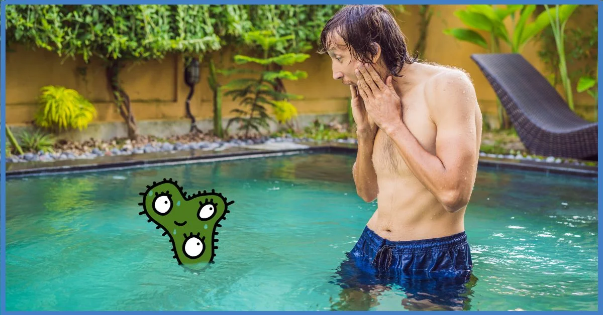 a man scares from diaries in the hot tub with blue shorts. (bromine in hot tub too high) 