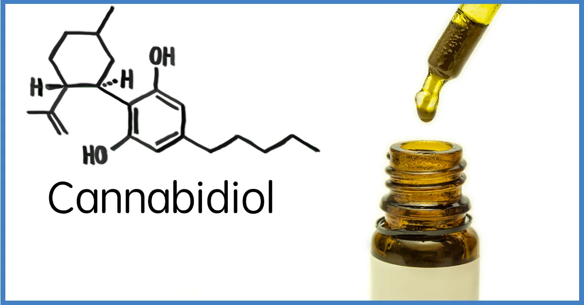 A photo of a dropper bottle of CBD oil with a chemical structure of cannabidiol on the left side.