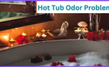 A bathtub with rose petals and candles and text about hot tub odor problems.