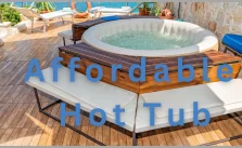 An Affordable Hot Tub placed on a deck with text