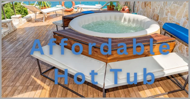 An Affordable Hot Tub placed on a deck with text