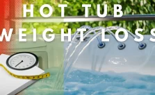 a hot tub with a scale and measuring tape in the foreground, with the text “Hot Tub Weight Loss” in the top center.