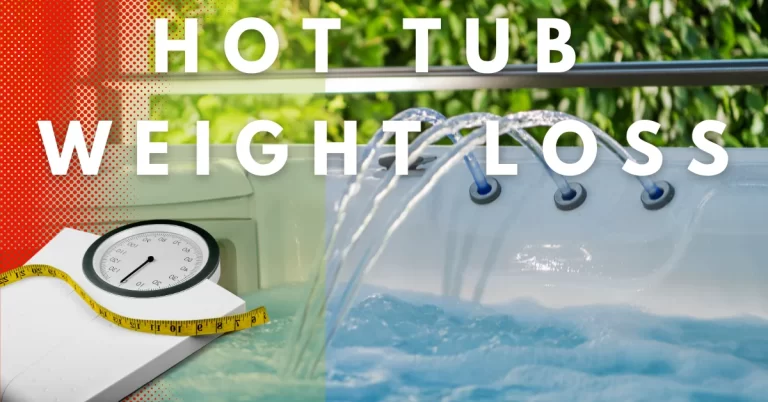 a hot tub with a scale and measuring tape in the foreground, with the text “Hot Tub Weight Loss” in the top center.