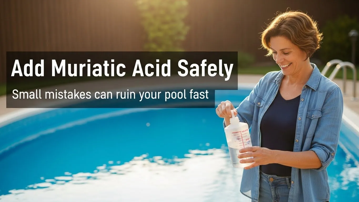 A woman measuring muriatic acid beside a backyard pool with bold title text.