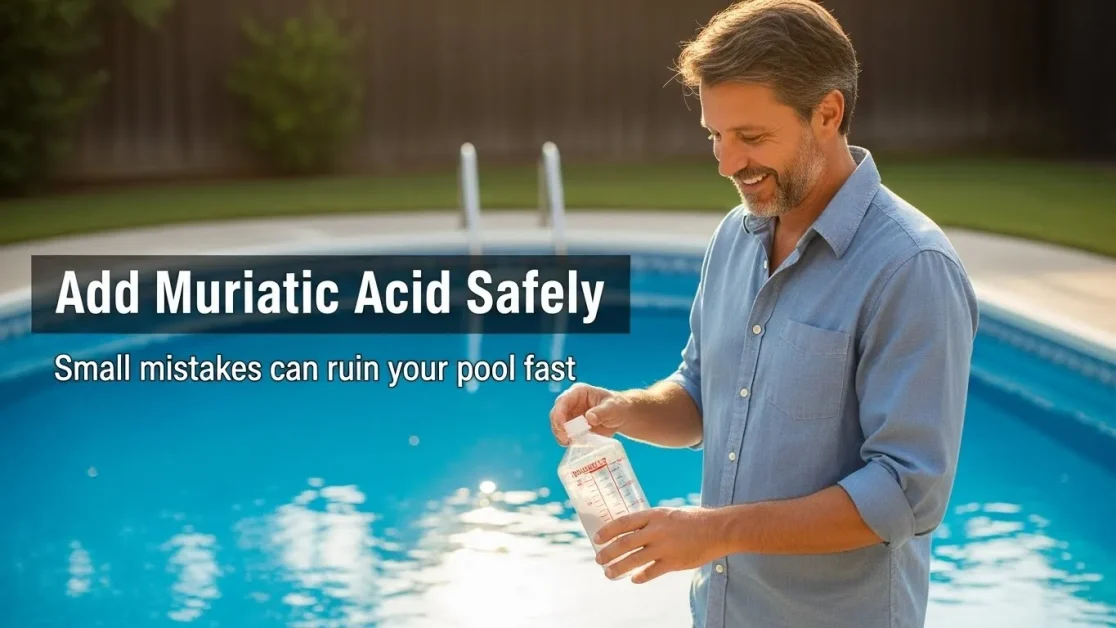 A man measuring muriatic acid beside a backyard pool with bold title text.