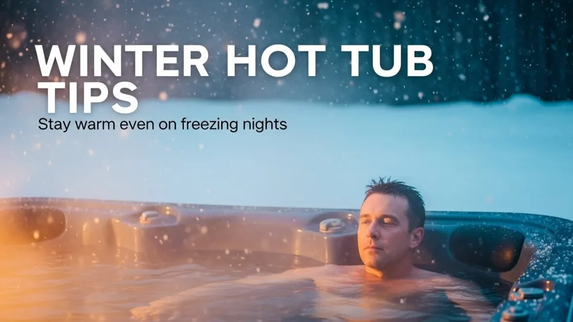 5 Tips for Enjoying Your Hot Tub in the Winter 3 Person soaking in a steaming hot tub during winter with bold title text about winter hot tub tips.