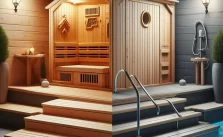 A side-by-side comparison of a warmly lit wooden sauna with a small set of steps leading up to it, and a hot tub with glistening blue water, also accessible by steps.