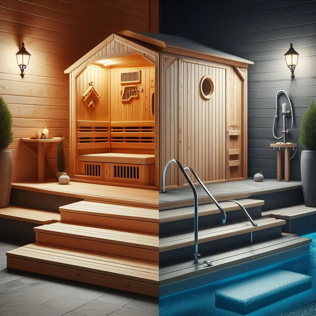 A side-by-side comparison of a warmly lit wooden sauna with a small set of steps leading up to it, and a hot tub with glistening blue water, also accessible by steps.