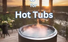 A hot tub with info text calming scents for hot tubs in a balcony.