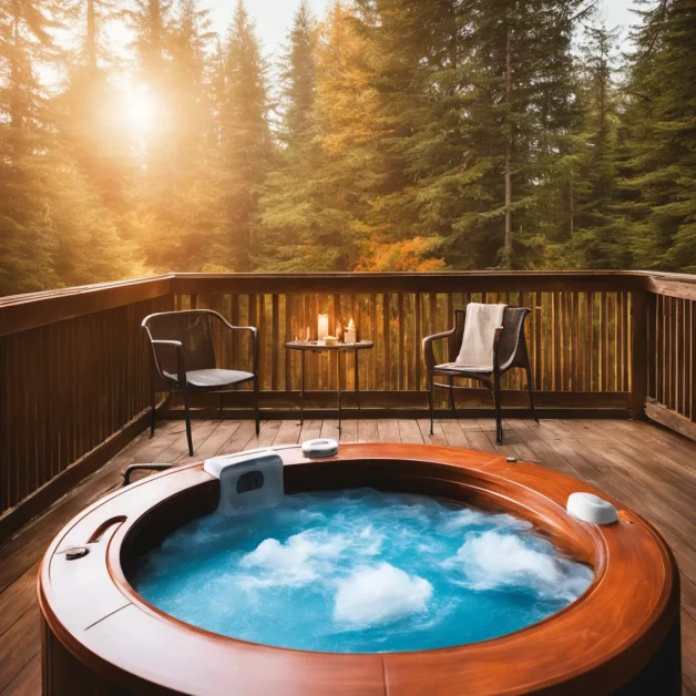 A relaxing scene of a wooden hot tub on a deck in a forest. (hot tubs for anxiety relief)