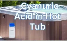 A hot tub with cyanuric acid bottle and info text.