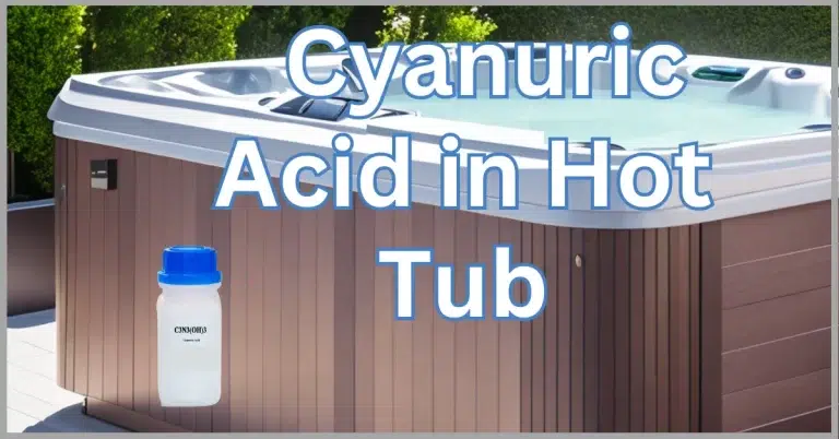 A hot tub with cyanuric acid bottle and info text.