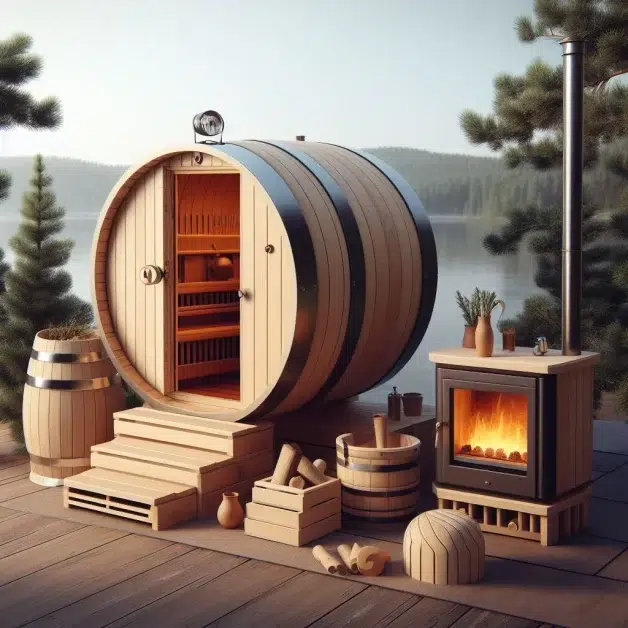 A Barrel Sauna Kit with a wood-burning stove on a wooden deck overlooking a lake.