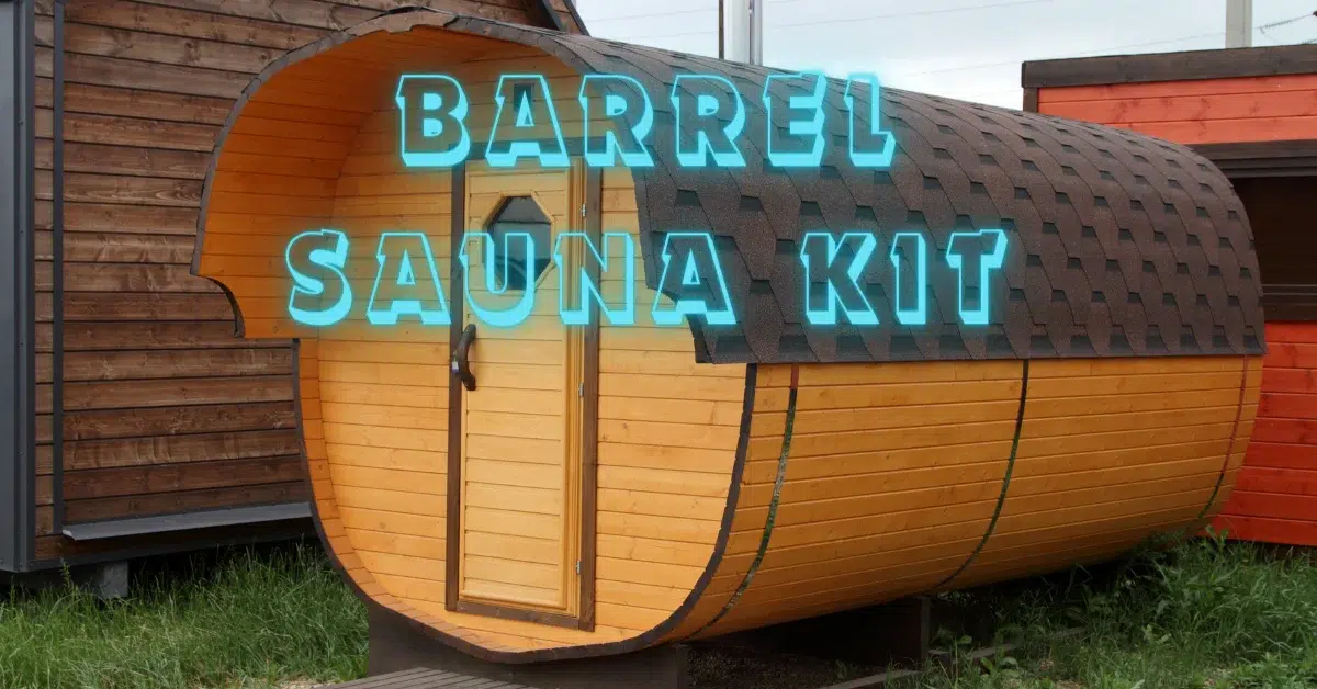 A Barrel Sauna Kit with text info placed in a home garden.