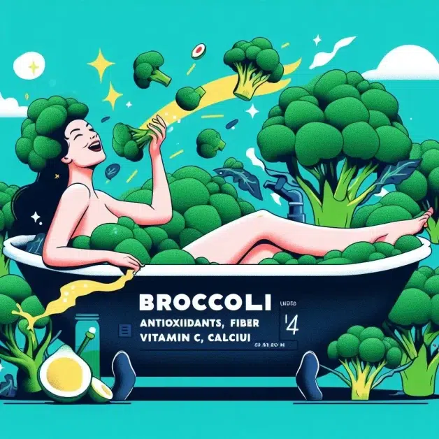 A humorous illustration of a woman relaxing in a bathtub full of broccoli, showing the health benefits of this vegetable. (Benefits of Broccoli in Hot Tub)