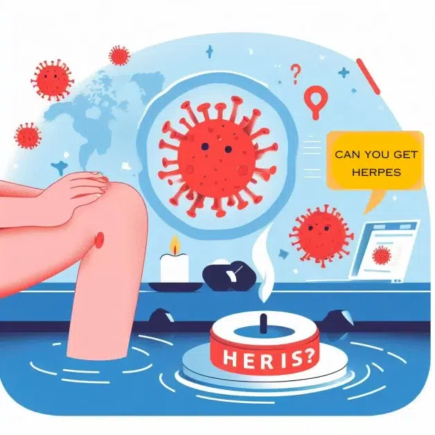 Illustration of a person sitting in a hot tub with a large virus particle in the background and text asking “Can you get herpes from a hot tub?