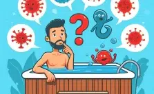 Illustration of a man in a hot tub with various germs and viruses surrounding him.