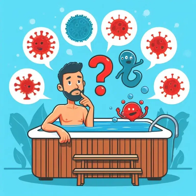 Illustration of a man in a hot tub with various germs and viruses surrounding him.