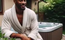 A person in a white robe sitting on a wooden deck in front of a hot tub.