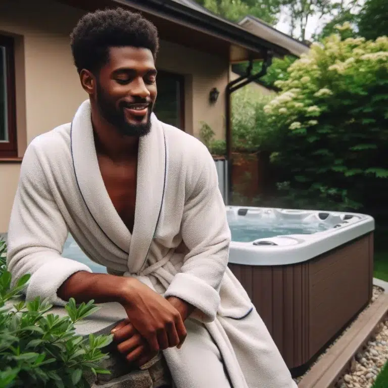 A person in a white robe sitting on a wooden deck in front of a hot tub.