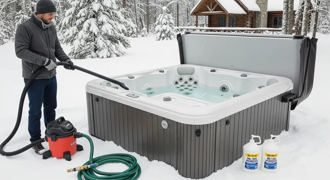 Person winterizing a hot tub by blowing out the jet lines with a shop vac in a snowy backyard.